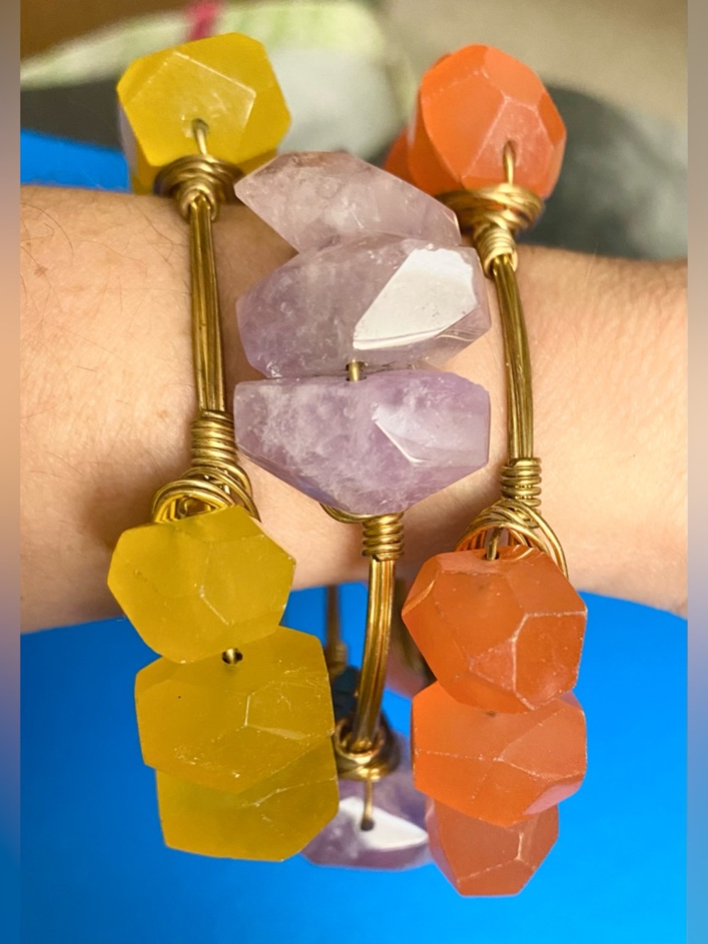 Bourbon and Boweties Bangles, Raw Amethyst Carnelian, & Amber in Brass Wire EUC - Picture 7 of 7